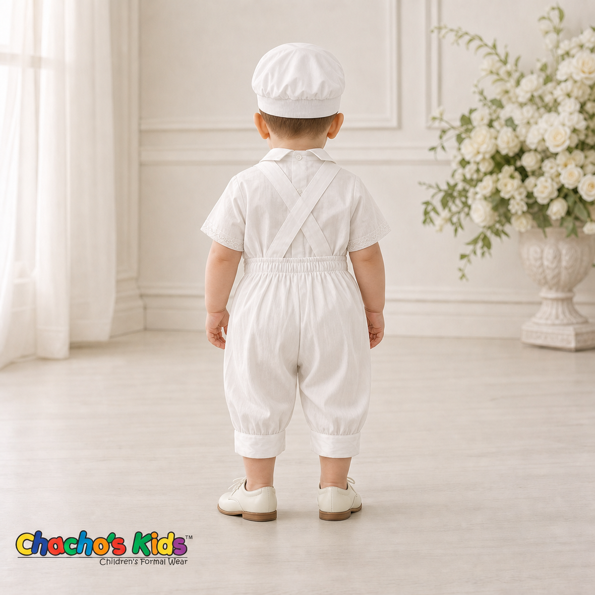 White Spanish boys baptism outfit 0420 with suspenders and bloomer pants, back view