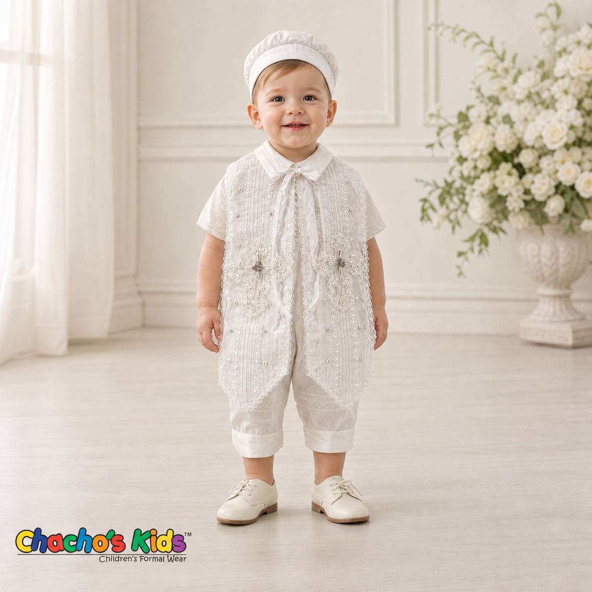 White Spanish jeweled boys baptism outfit 0420 with embroidered cross stole, front view