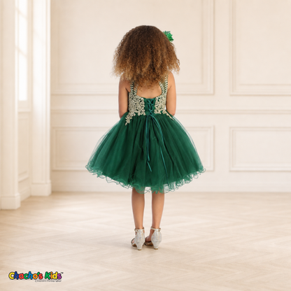 Girl modeling hunter green embroidered tulle party and flower girl dress 9004, back view