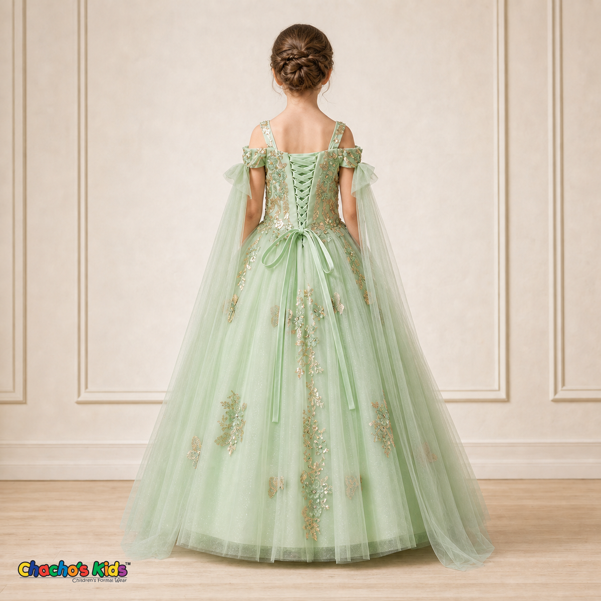Girl modeling sage green butterfly embroidered ball gown dress 9030, back view