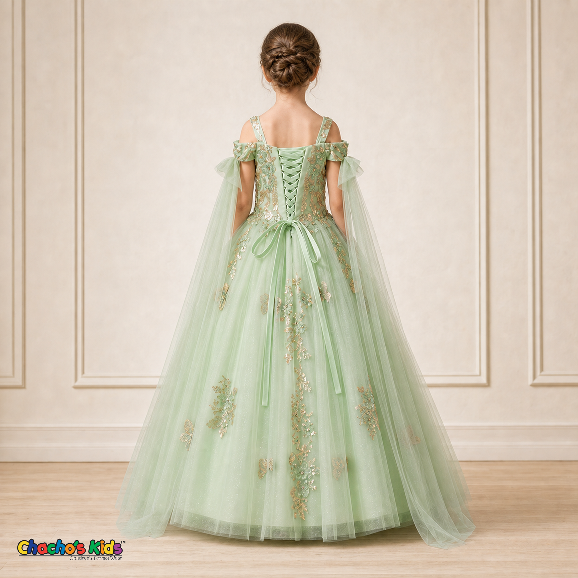 Girl modeling sage green butterfly embroidered ball gown dress 9030, back view