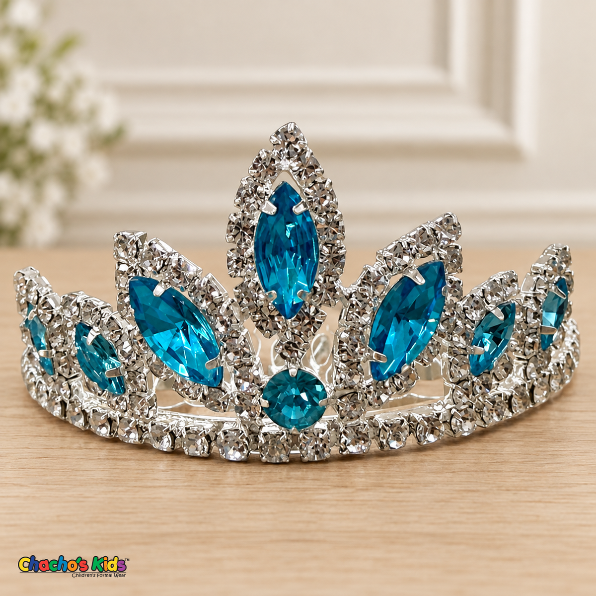 Girls Princess Tiara (0564) in Aqua/Silver, full close-up with faceted stones, clear rhinestones and a silver-tone setting.