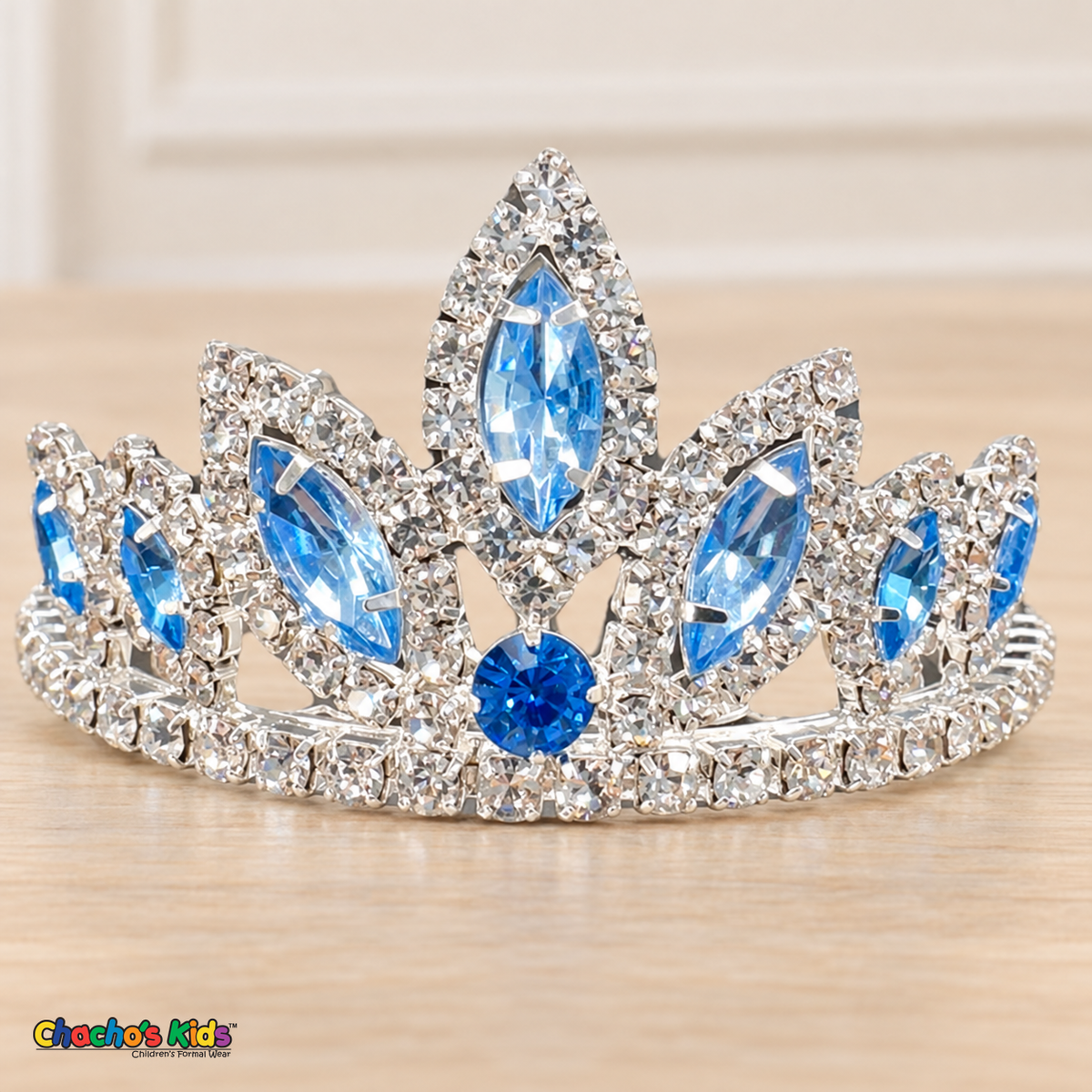 Girls Princess Tiara (0564) in Baby Blue/Silver, full close-up with faceted stones, clear rhinestones and a silver-tone setting.