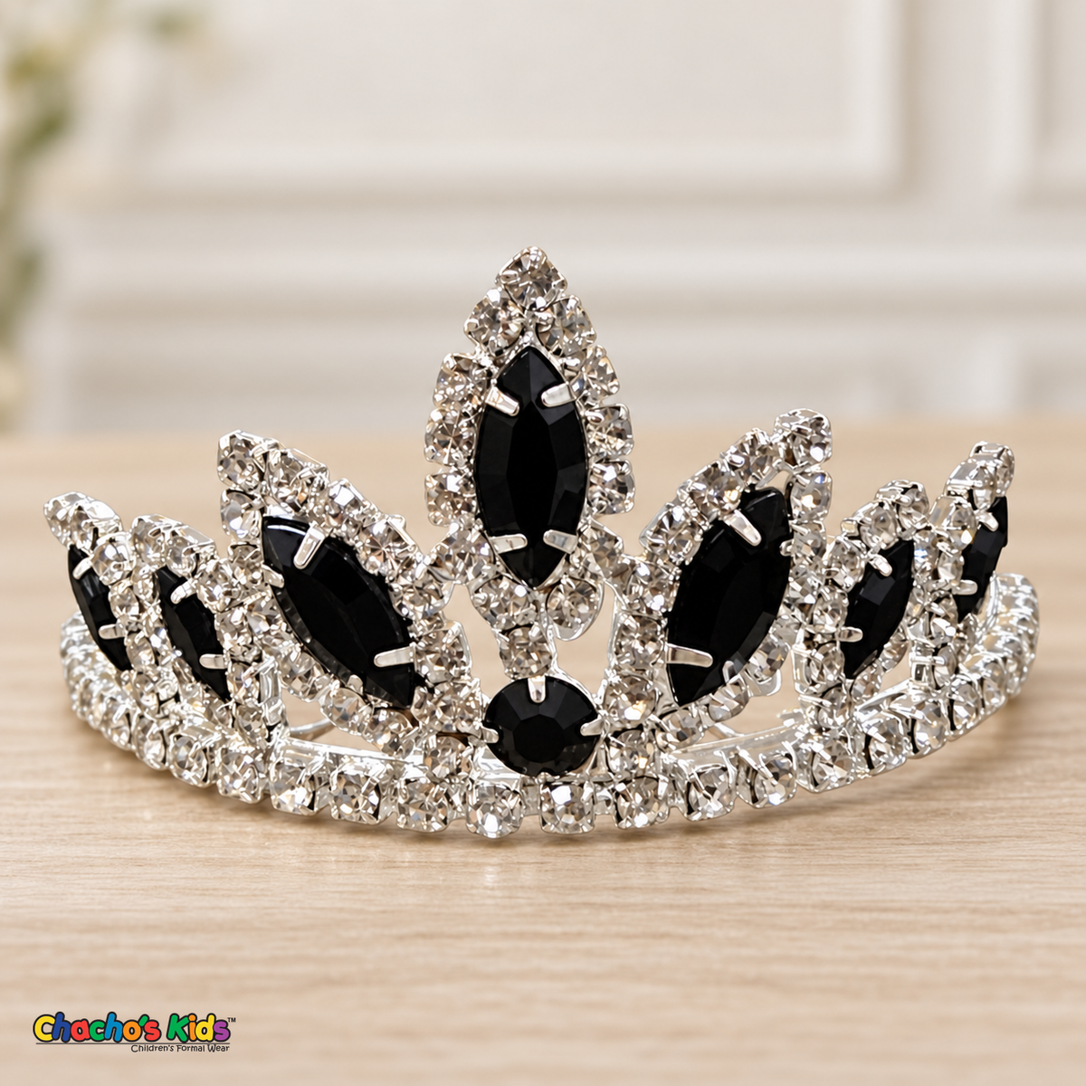 Girls Princess Tiara (0564) in Black/Silver, full close-up with faceted stones, clear rhinestones and a silver-tone setting.
