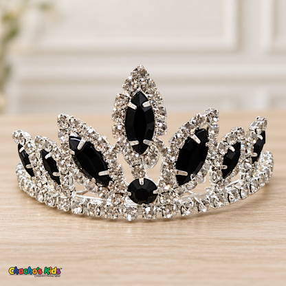 Girls Princess Tiara (0564) in Black/Silver, full close-up with faceted stones, clear rhinestones and a silver-tone setting.