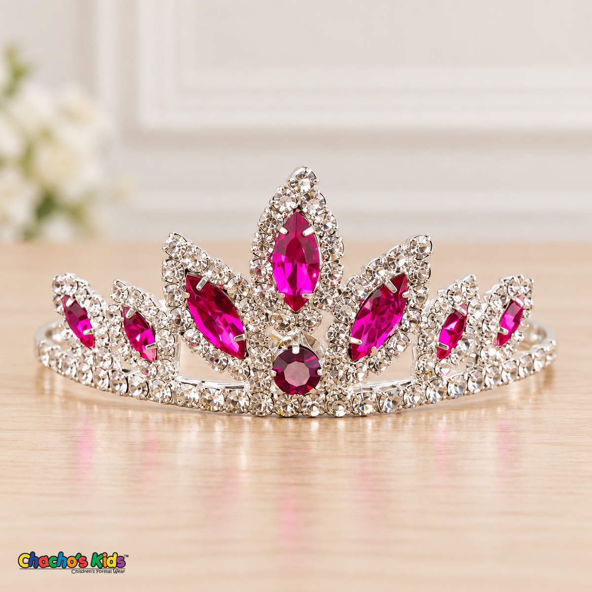 Girls Princess Tiara (0564) in Fushia/Silver, full close-up with faceted stones, clear rhinestones and a silver-tone setting.