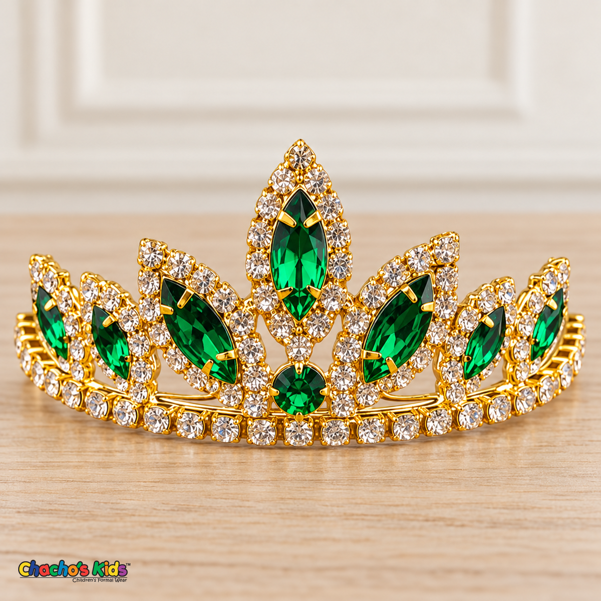 Girls Princess Tiara (0564) in Hunter/Gold, full close-up with faceted stones, clear rhinestones and a gold-tone setting.
