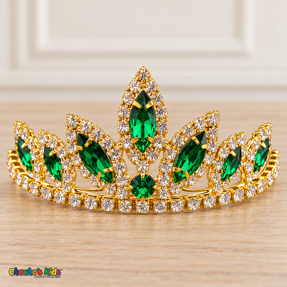 Girls Princess Tiara (0564) in Hunter/Gold, full close-up with faceted stones, clear rhinestones and a gold-tone setting.
