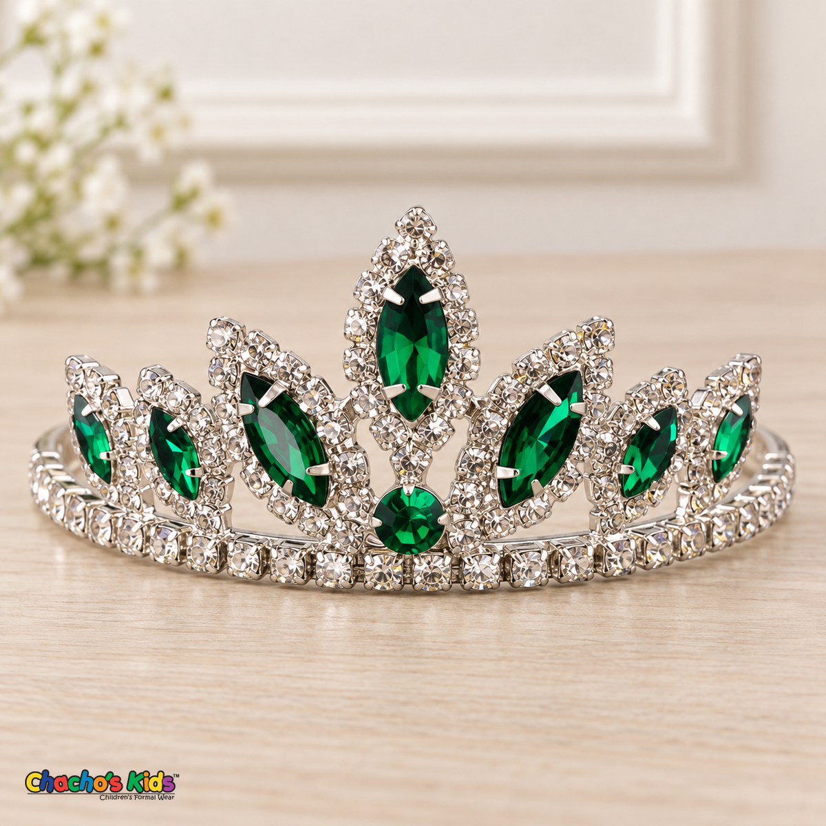 Girls Princess Tiara (0564) in Hunter/Silver, full close-up with faceted stones, clear rhinestones and a silver-tone setting.