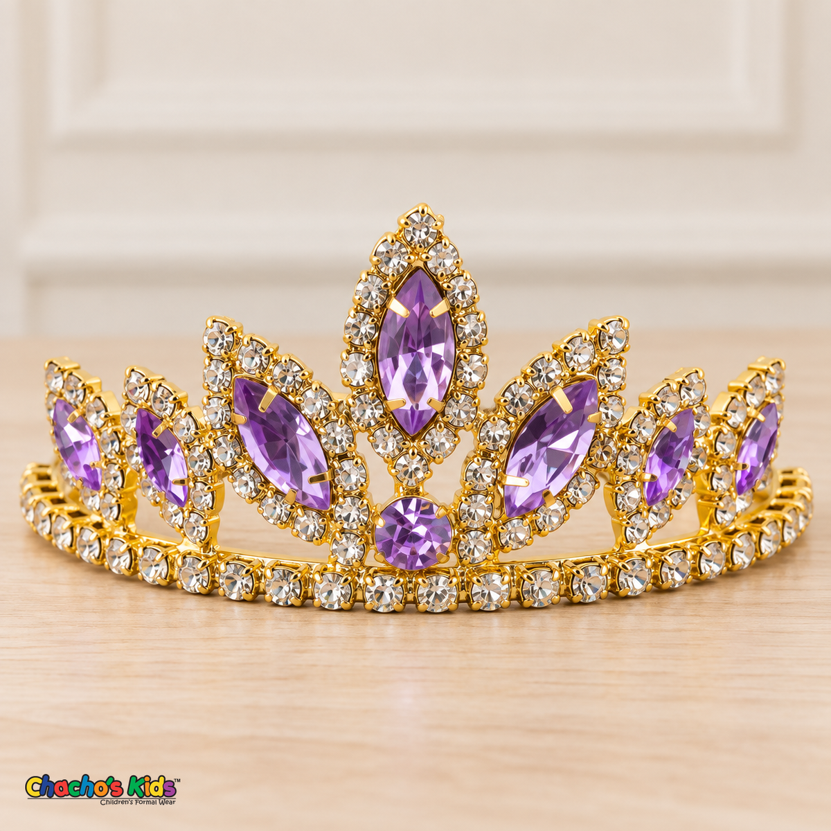 Girls Princess Tiara (0564) in Lilac/Gold, full close-up with faceted stones, clear rhinestones and a gold-tone setting.