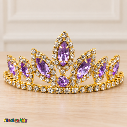 Girls Princess Tiara (0564) in Lilac/Gold, full close-up with faceted stones, clear rhinestones and a gold-tone setting.