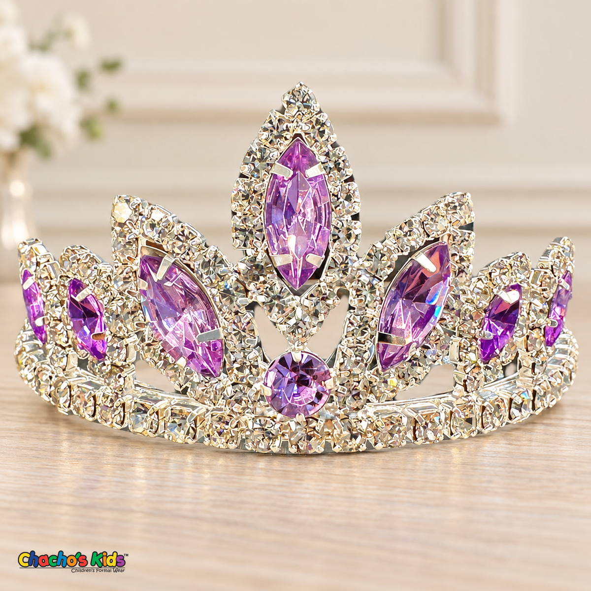 Girls Princess Tiara (0564) in Lilac/Silver, full close-up with faceted stones, clear rhinestones and a silver-tone setting.