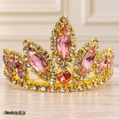 Girls Princess Tiara (0564) in Pink/Gold, full close-up with faceted stones, clear rhinestones and a gold-tone setting.