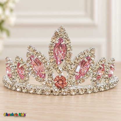 Girls Princess Tiara (0564) in Pink/Silver, full close-up with faceted stones, clear rhinestones and a silver-tone setting.