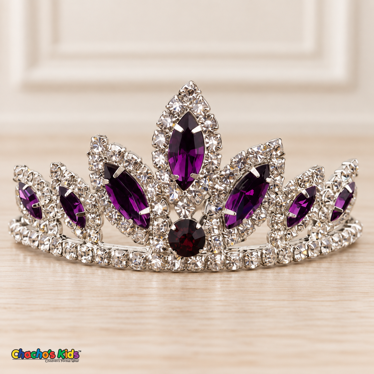 Girls Princess Tiara (0564) in Purple/Silver, full close-up with faceted stones, clear rhinestones and a silver-tone setting.