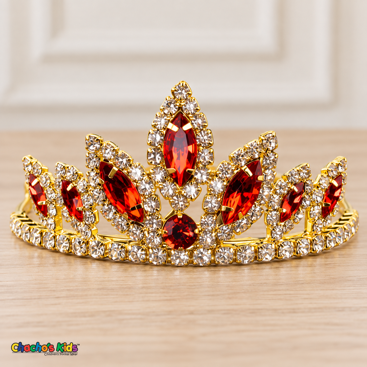 Girls Princess Tiara (0564) in Red/Gold, full close-up with faceted stones, clear rhinestones and a gold-tone setting.