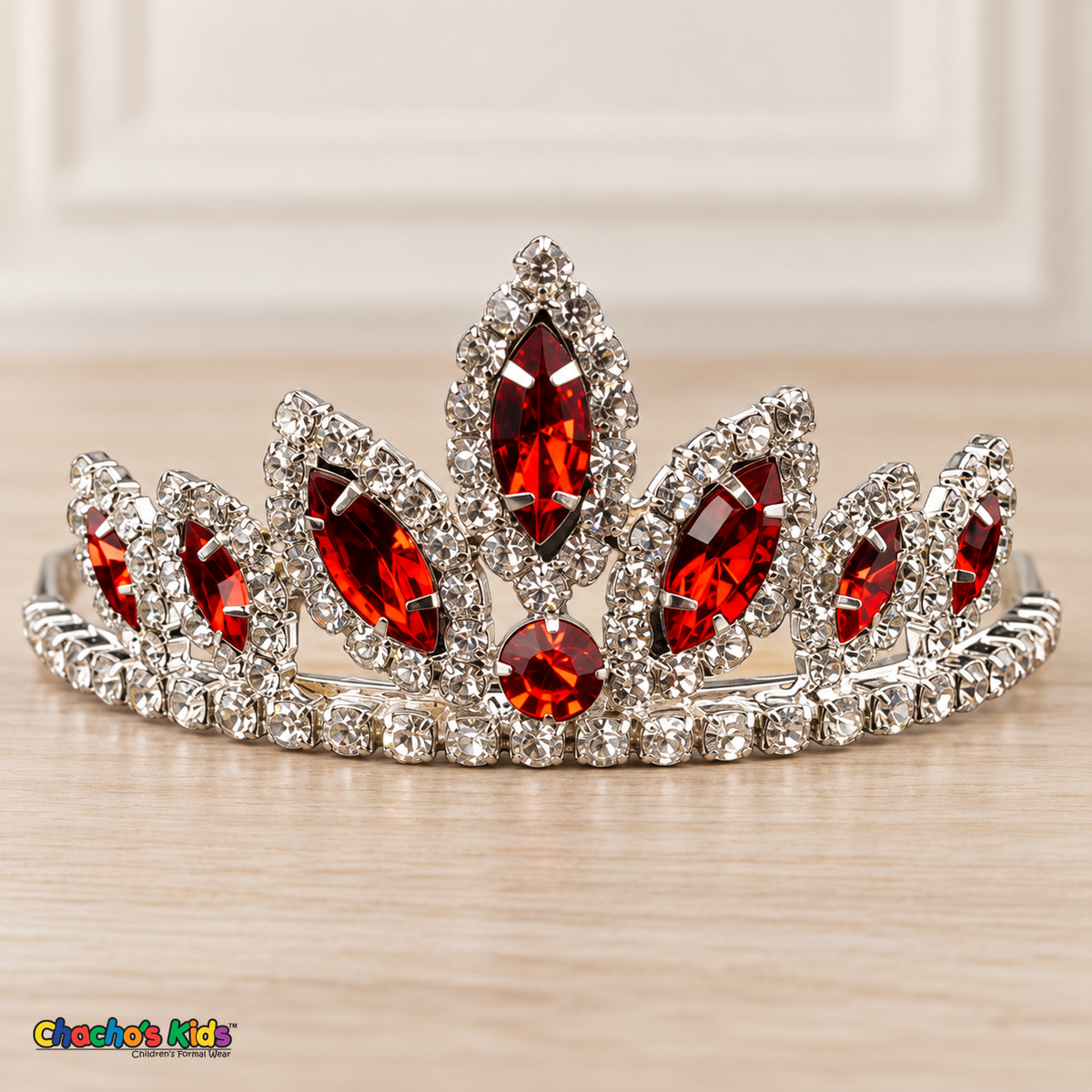 Girls Princess Tiara (0564) in Red/Silver, full close-up with faceted stones, clear rhinestones and a silver-tone setting.