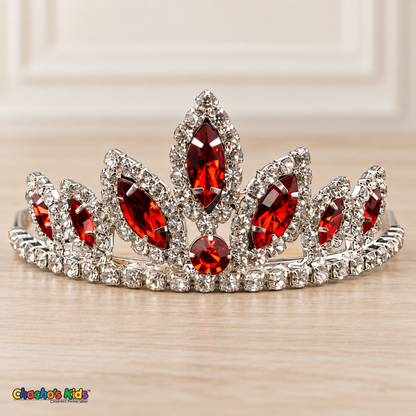 Girls Princess Tiara (0564) in Red/Silver, full close-up with faceted stones, clear rhinestones and a silver-tone setting.