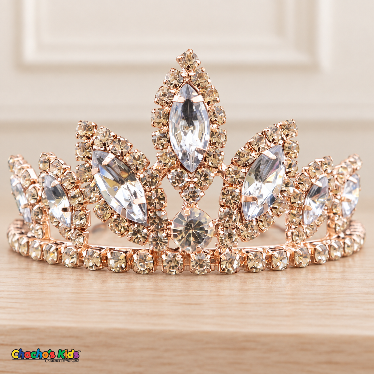 Girls Princess Tiara (0564) in Rose Gold/Silver, full close-up with clear faceted stones, rhinestones and a rose-gold-tone setting.