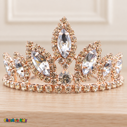 Girls Princess Tiara (0564) in Rose Gold/Silver, full close-up with clear faceted stones, rhinestones and a rose-gold-tone setting.