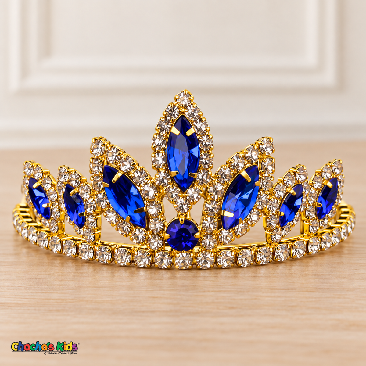 Girls Princess Tiara (0564) in Royal/Gold, full close-up with faceted stones, clear rhinestones and a gold-tone setting.