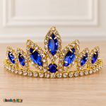 Girls Princess Tiara (0564) in Royal/Gold, full close-up with faceted stones, clear rhinestones and a gold-tone setting.