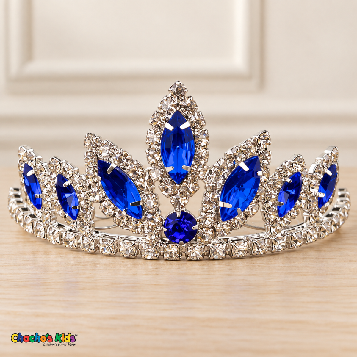 Girls Princess Tiara (0564) in Royal/Silver, full close-up with faceted stones, clear rhinestones and a silver-tone setting.