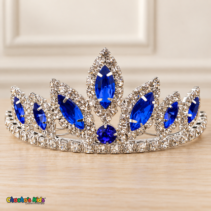 Girls Princess Tiara (0564) in Royal/Silver, full close-up with faceted stones, clear rhinestones and a silver-tone setting.