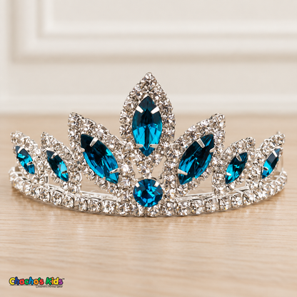 Girls Princess Tiara (0564) in Teal/Silver, full close-up with faceted stones, clear rhinestones and a silver-tone setting.
