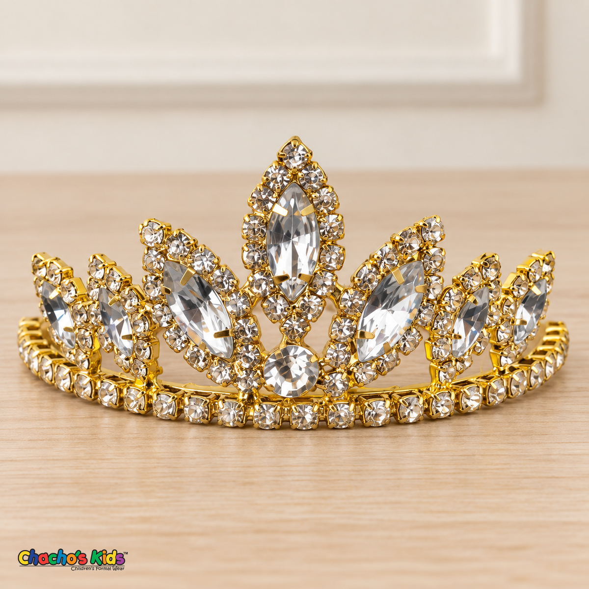 Girls Princess Tiara (0564) in White/Gold, full close-up with clear faceted stones, clear rhinestones and a gold-tone setting.