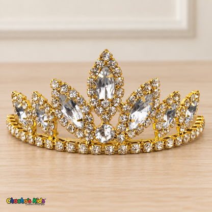 Girls Princess Tiara (0564) in White/Gold, full close-up with clear faceted stones, clear rhinestones and a gold-tone setting.
