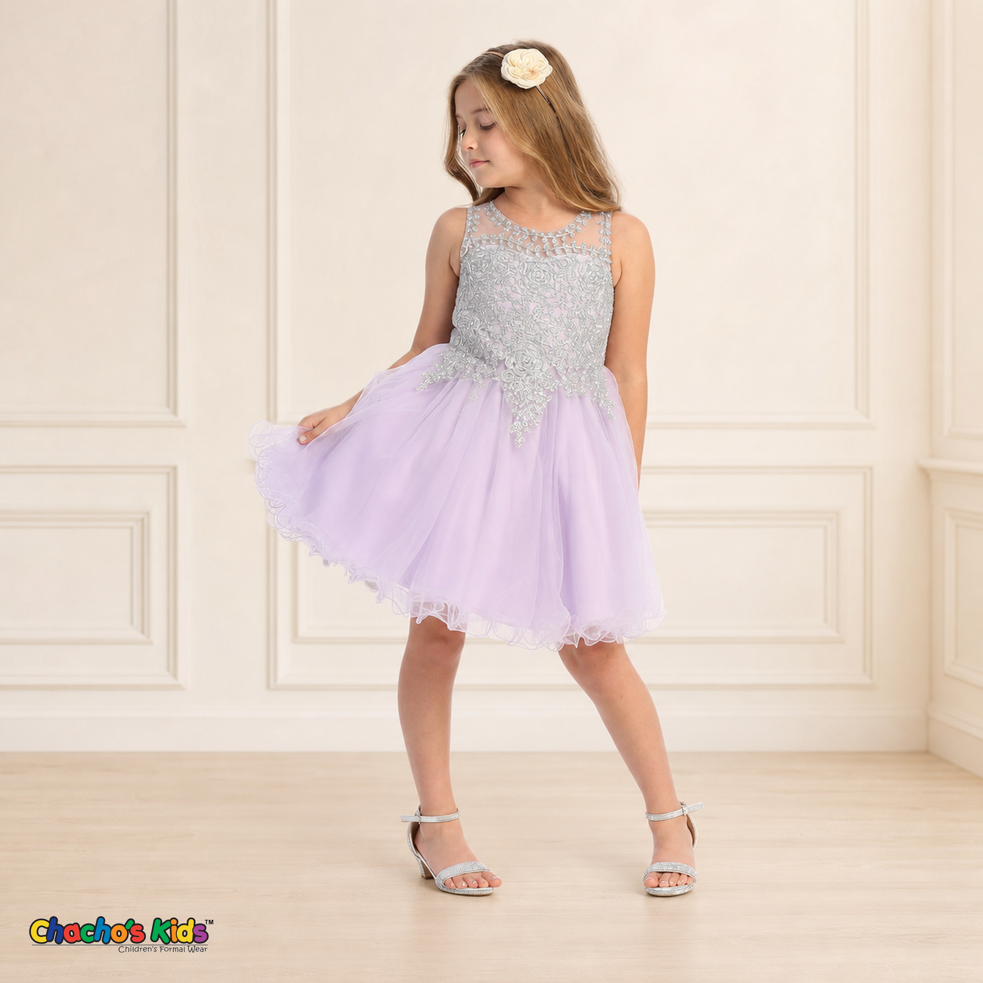 Girl modeling lilac silver embroidered tulle party and flower girl dress 9004