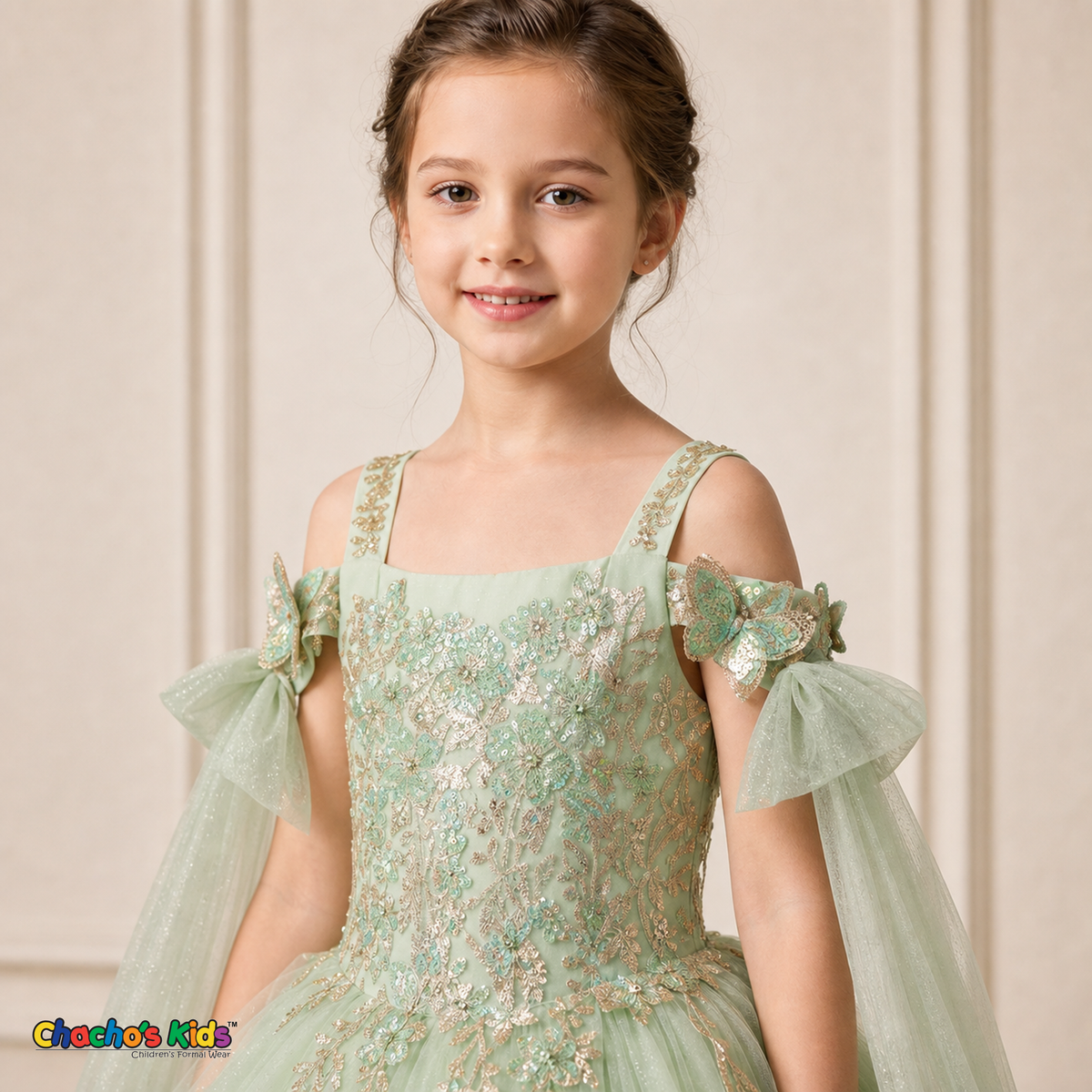 Sage green dress 9030 butterfly and sequin embroidered bodice detail