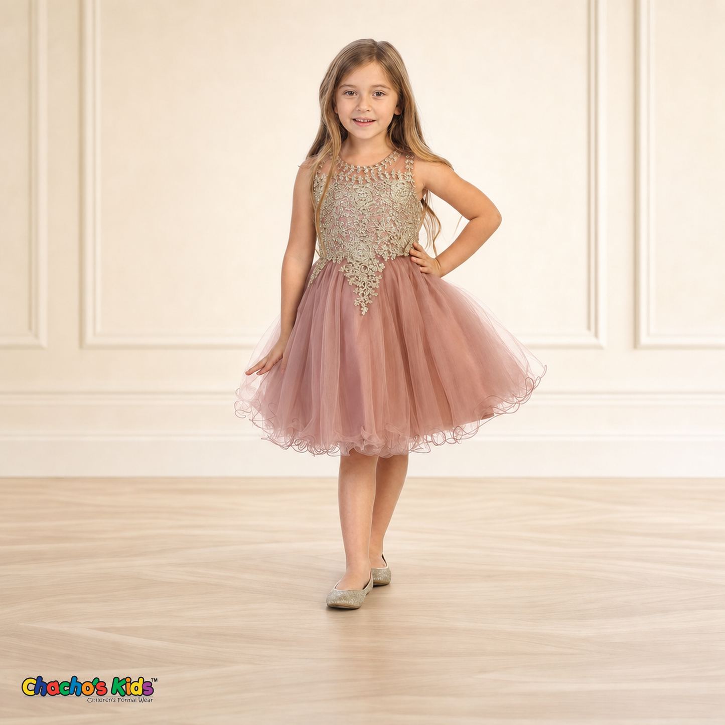 Girl modeling rose gold embroidered tulle party and flower girl dress 9004, front view