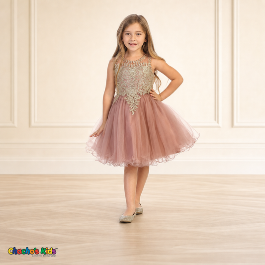 Girl modeling rose gold embroidered tulle party and flower girl dress 9004, front view