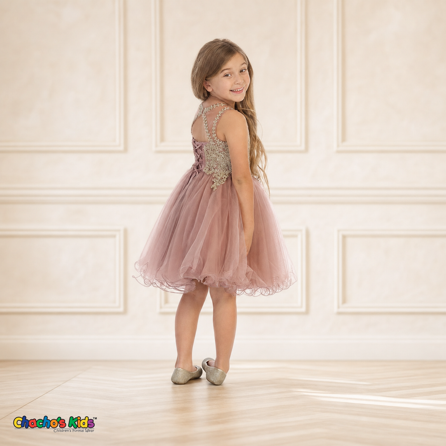 Girl modeling rose gold embroidered tulle party and flower girl dress 9004, back view