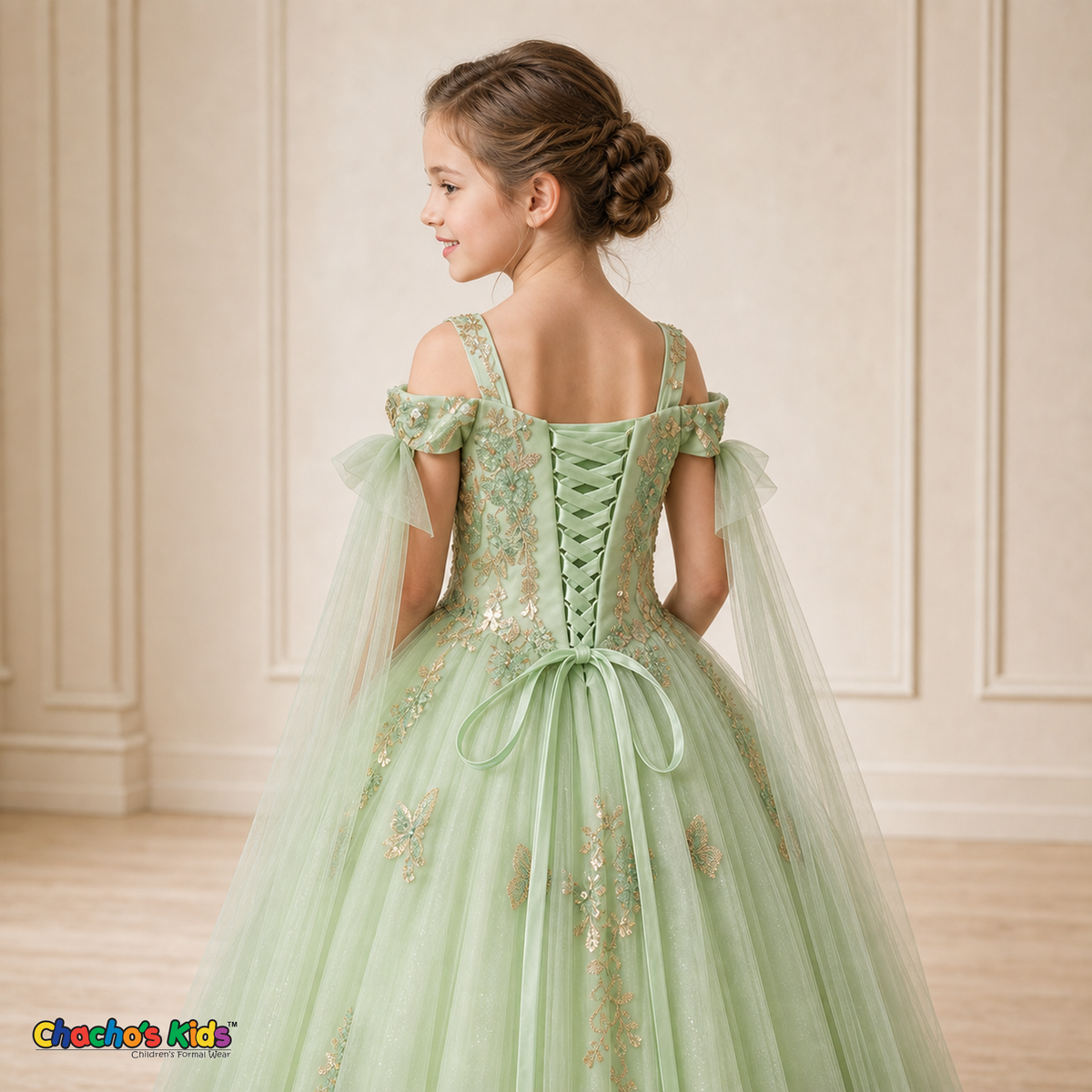 Sage green dress 9030 corset back and satin bow detail