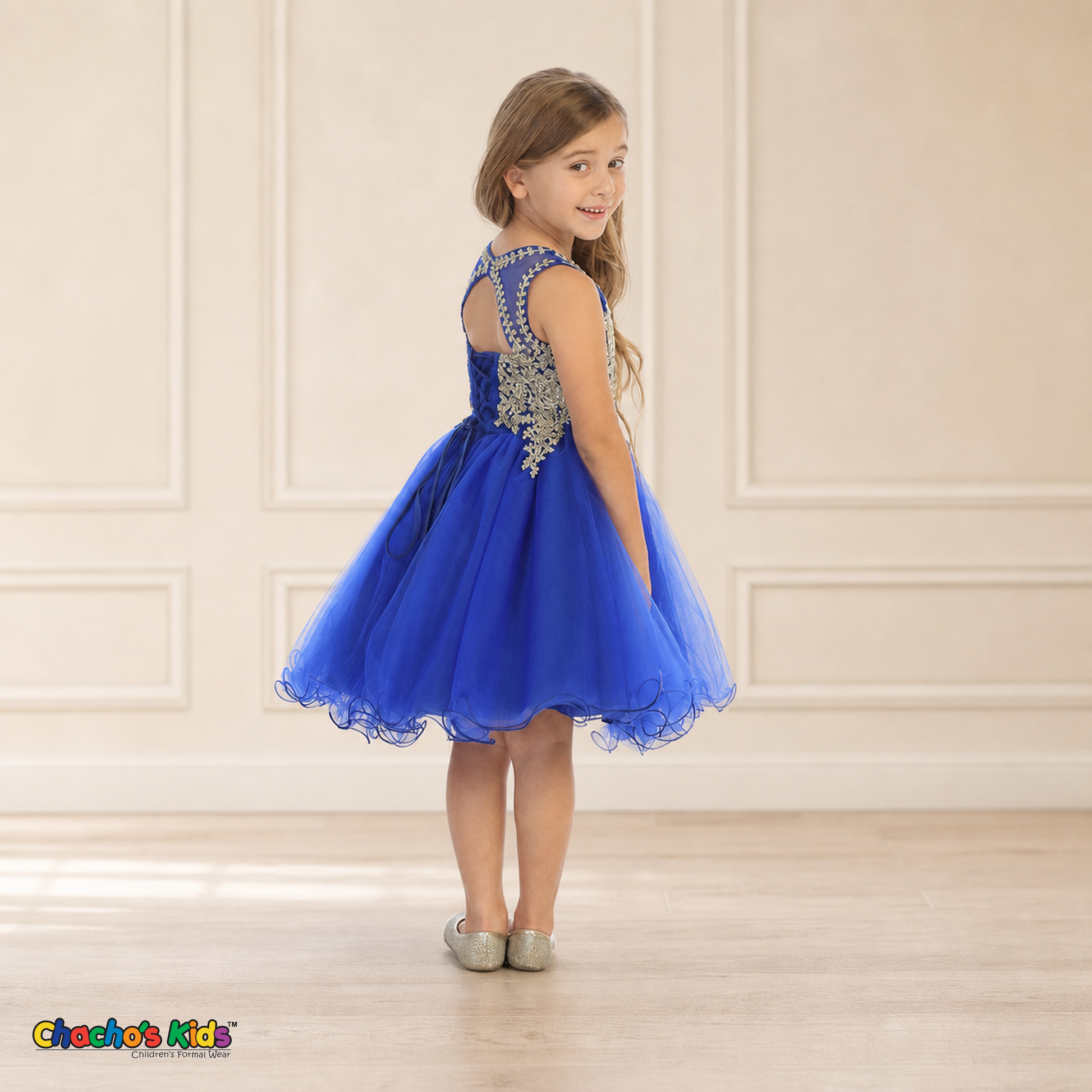 Girl modeling royal blue embroidered tulle party and flower girl dress 9004, side view