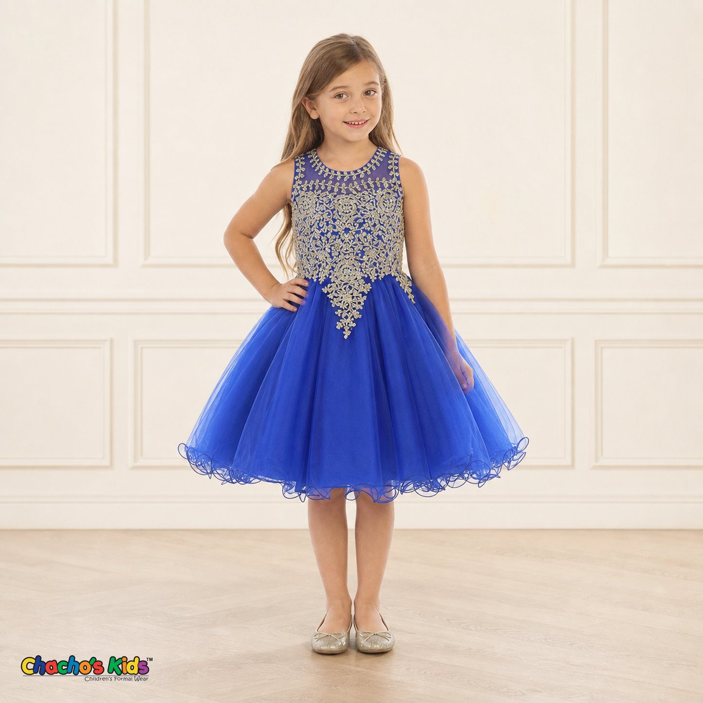 Girl modeling royal blue embroidered tulle party and flower girl dress 9004, front view