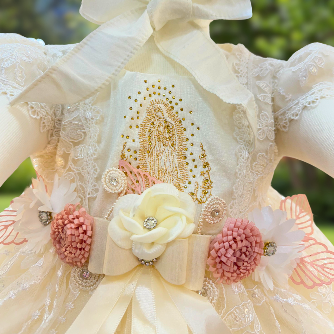 Girl Baptism Dress, Floral, Virgin Mary, Close Up