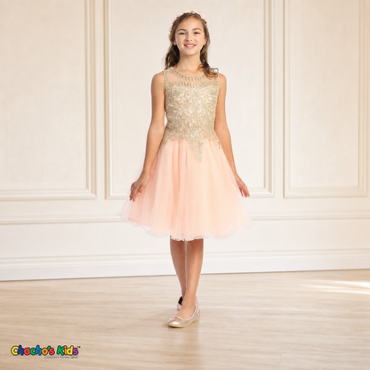 Girl modeling blush embroidered tulle party and flower girl dress 9004, front view