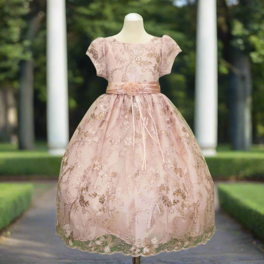 Rose gold embroidered flower girl dress with satin bow, cap sleeves and full tulle skirt