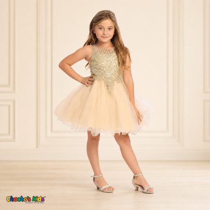Girl modeling champagne gold embroidered tulle party and flower girl dress 9004, front view