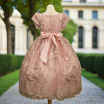 Rose gold embroidered flower girl dress detail with floral bodice and full skirt