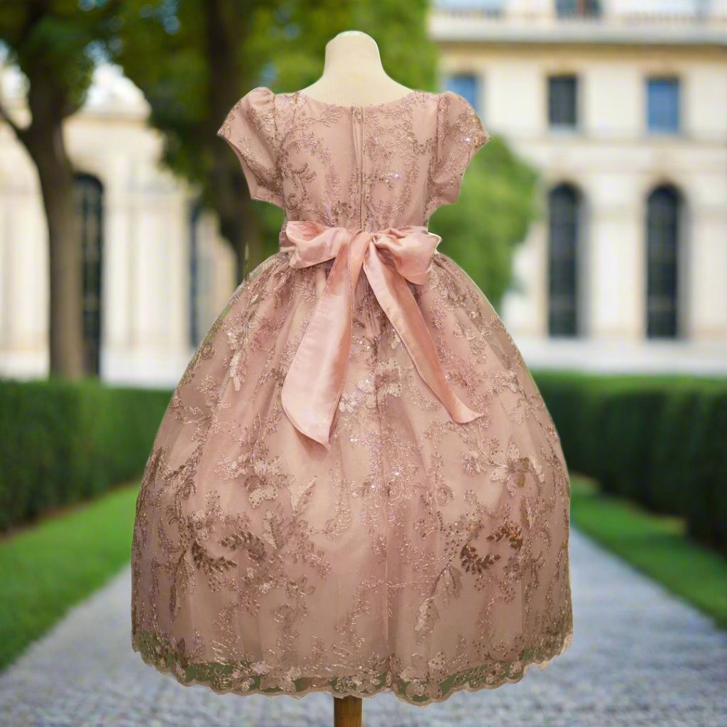 Rose gold embroidered flower girl dress detail with floral bodice and full skirt