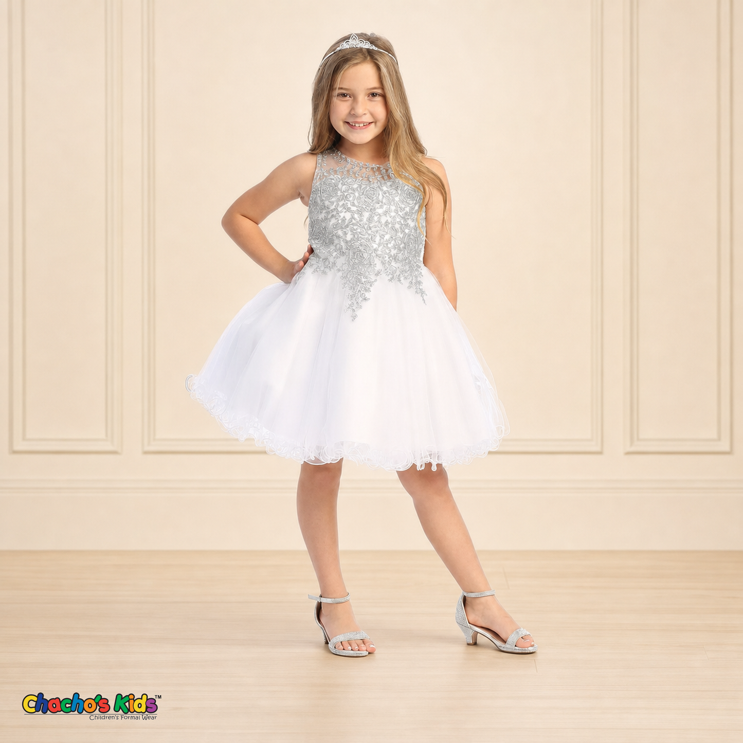 Girl modeling white silver embroidered tulle party and flower girl dress 9004, front view