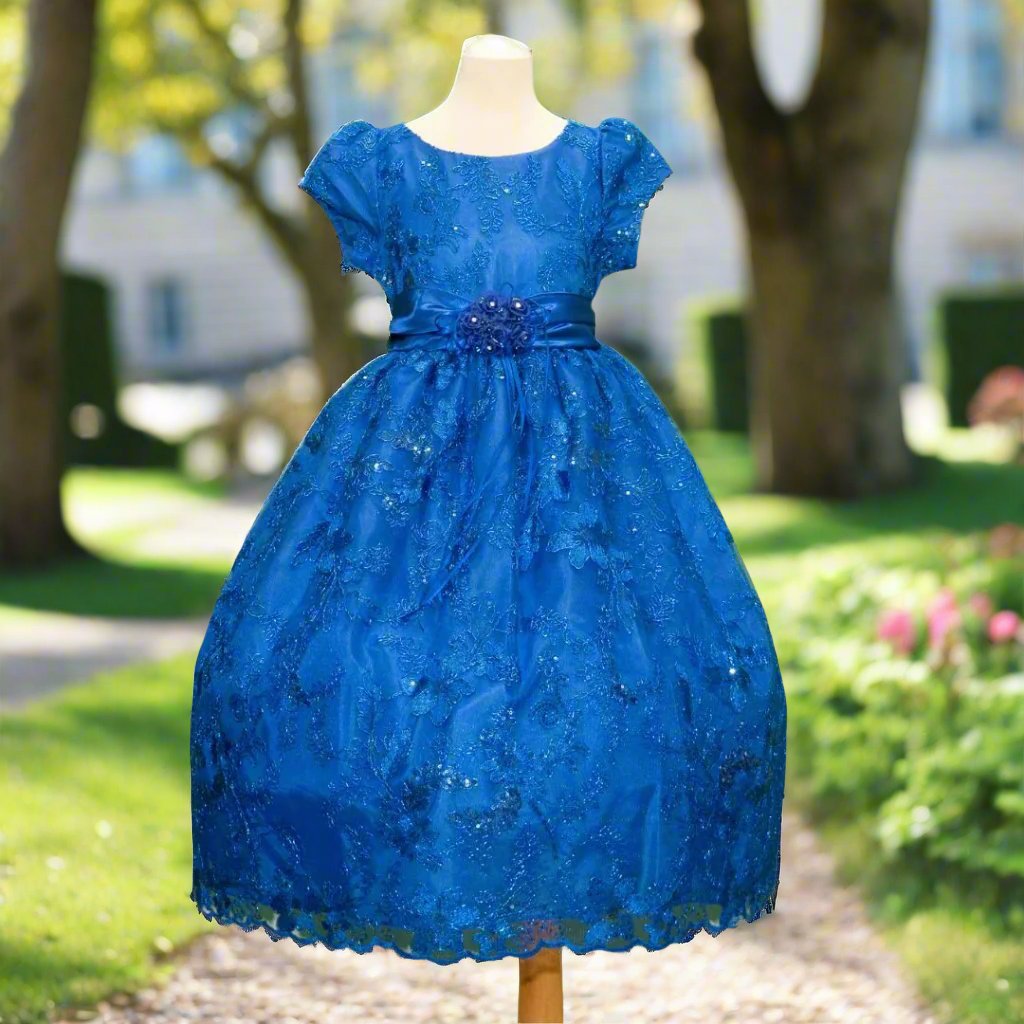 Royal blue embroidered flower girl dress with satin bow, cap sleeves and full tulle skirt