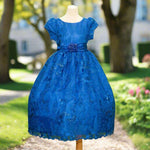 Royal blue embroidered flower girl dress with satin bow, cap sleeves and full tulle skirt
