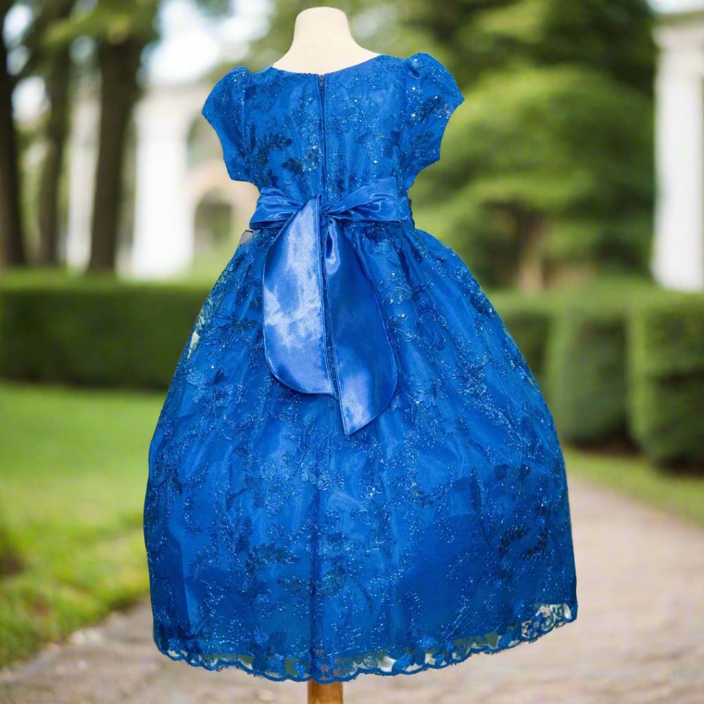 Royal blue embroidered flower girl dress detail with floral bodice and full skirt