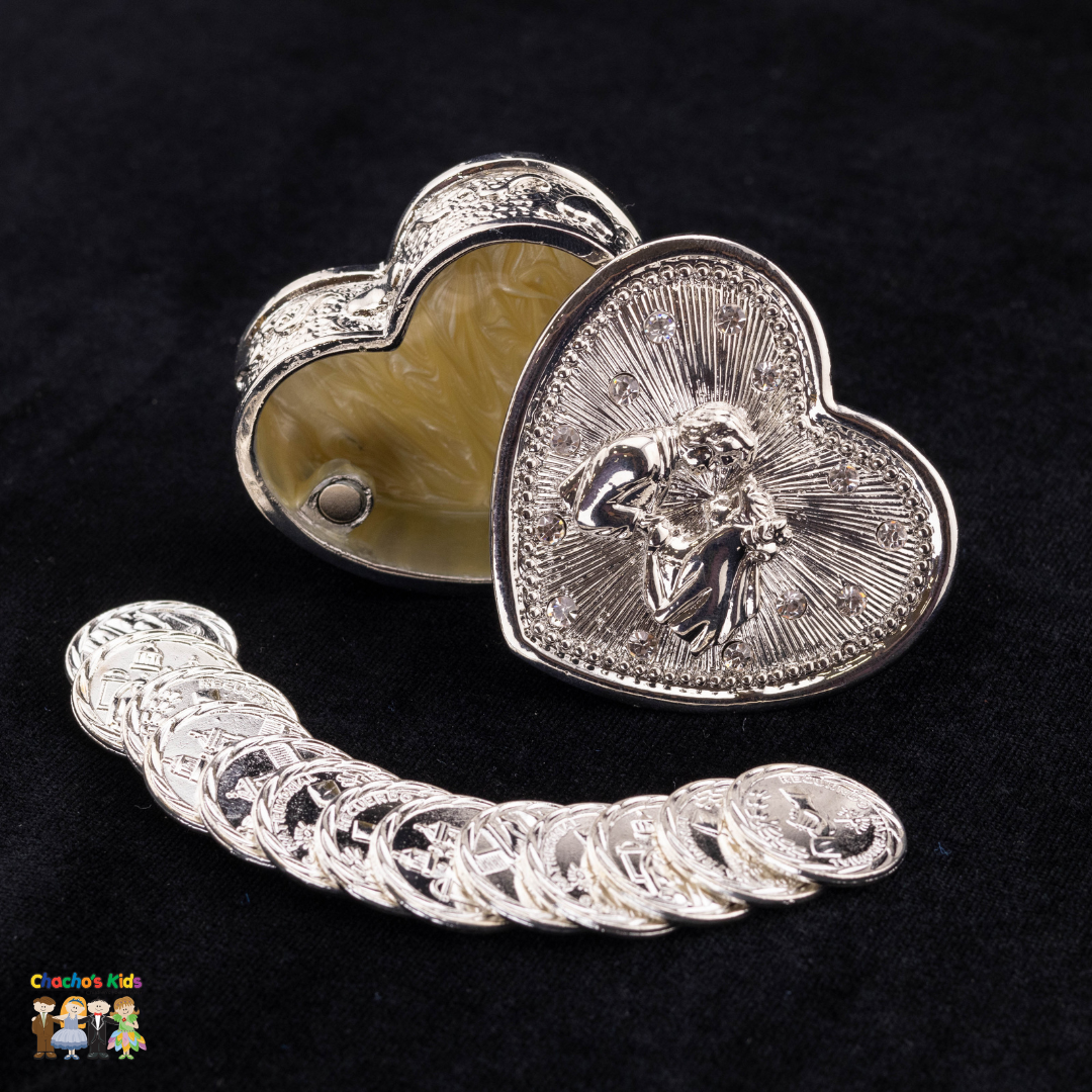 Wedding Arras-2" Silver Heart Wedding Arras Box and Coin Set with Wedding Couple-Chacho's Kids